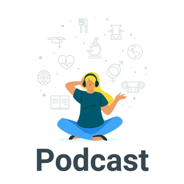 Lány hallgatta podcast lapos vektor illusztráció — Stock Vector