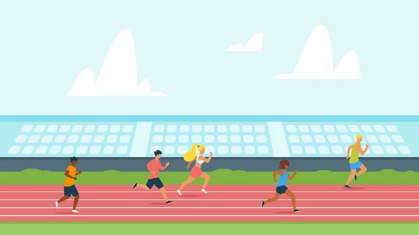 Estudantes do ensino médio correndo trilha plana ilustração vetorial — Vetor de Stock