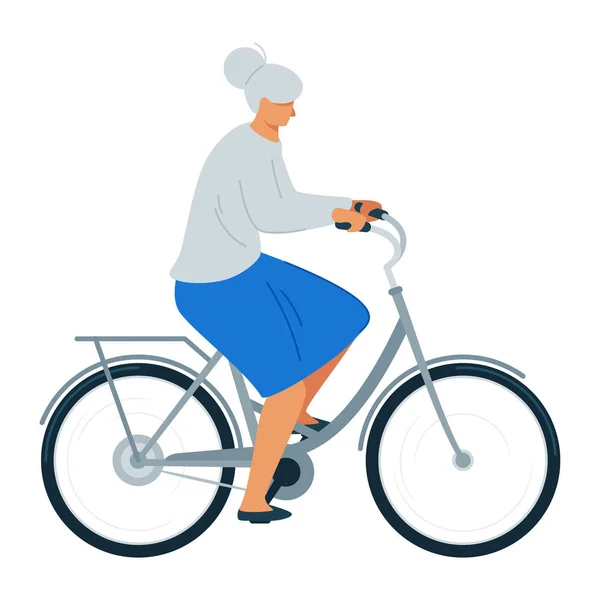 Femme âgée équitation vélo plat vecteur illustration — Image vectorielle