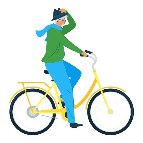 Oudere man paardrijden fiets platte vector illustratie — Stockvector