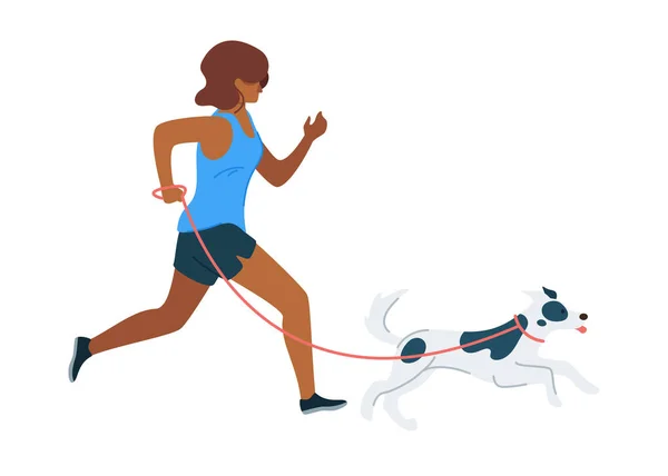 Correndo mulher com cão plana vetor ilustração —  Vetores de Stock
