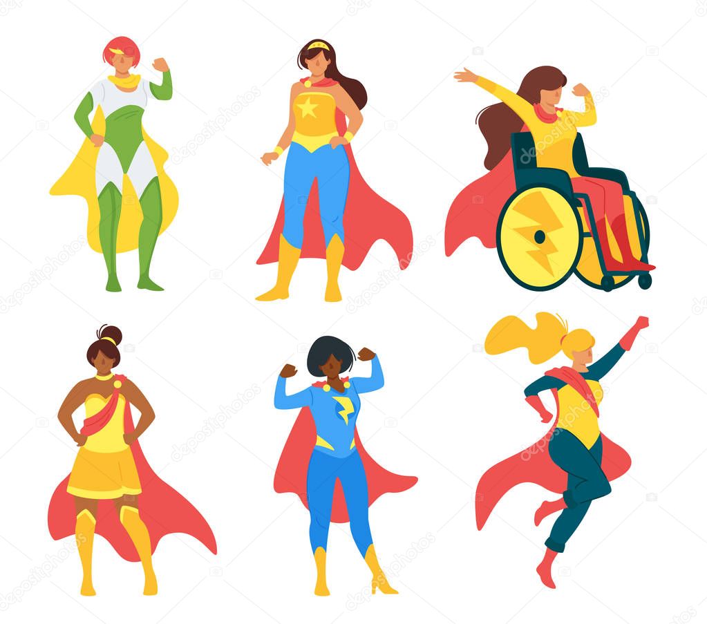 Female superheroes flat vector illustration collection