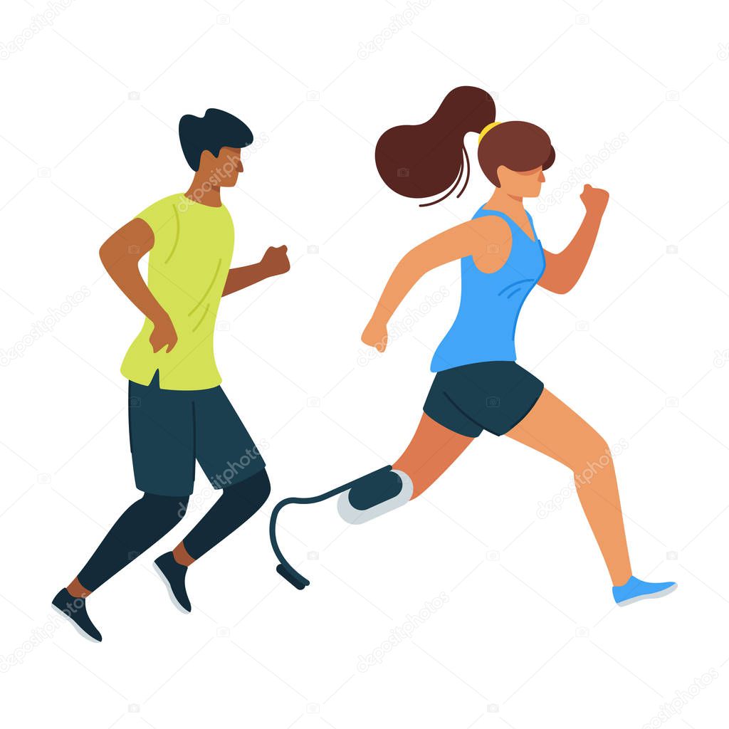 Handicapped woman outrunning male athlete flat vector illustration