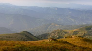 Güneşin doğuşunda dağlarda harika bir bahar panoramik manzarası. Çimenli yamaçlar ve orman tepeleri sabah güneşiyle aydınlatılıyor. Vahşi bir manzara. Farcau Tepesi. Denizciler. Romanya. Avrupa.