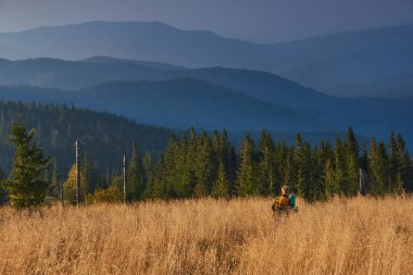 Yürüyüşçü dağlardaki uzun otların arasında yol boyunca yürüyor. Ormanlık tepelere ve gün batımında uzaktaki puslu tepelere bakın. Seyahat ve macera kavramı.