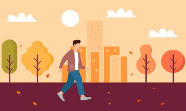 Sonbahar parkında yürüyen adam. Vektör illüstrasyonu 