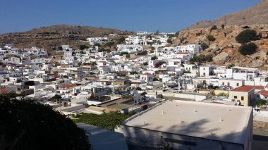 Güzel mimari geleneksel yapılar Lindos köyü, Rodos, Yunanistan