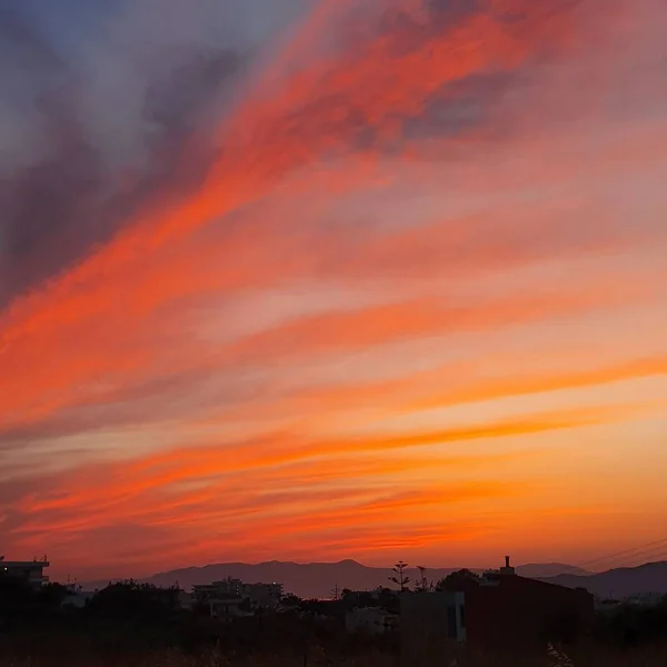 Oranžově Fialový Ohnivý Západ Slunce Krétě Řecko — Stock fotografie