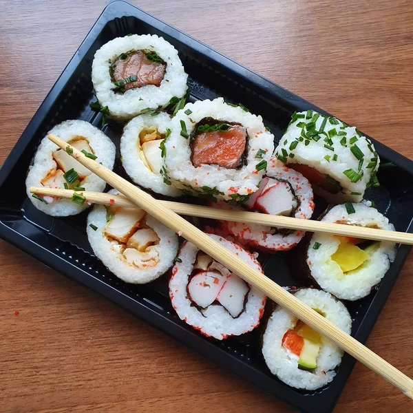 Different Types Sushi Black Tray — Stock Photo, Image