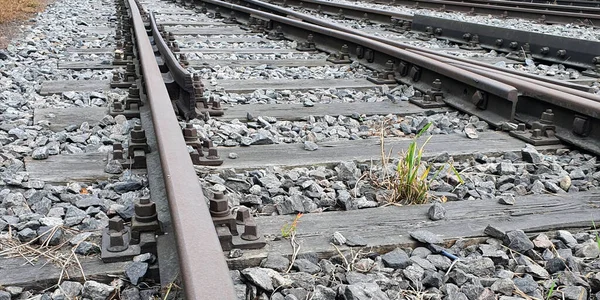 Railroad Tracks Close Rails Railway Sleepers Crushed Stone — Stock Photo, Image