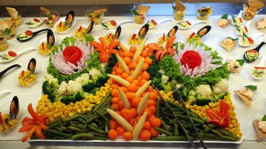 Sebze salatası. Çeşitli sebzelerden dekorasyonlar. Tabaklara yerleştirilmiş güzel kompozisyonlar.