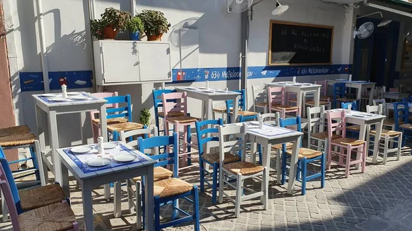 Chania Crete June 2019 Greek Restaurant People Blue White Chairs — Stock Photo, Image