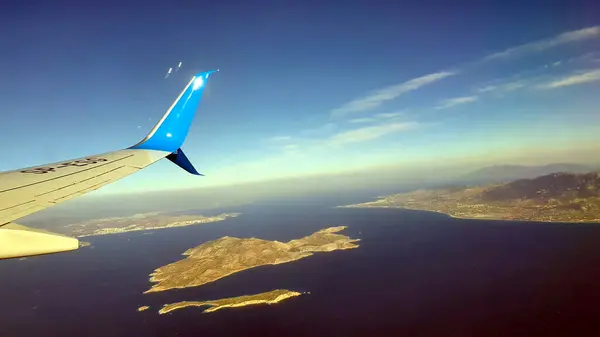 Грецький Острів Кос Видно Вікна Літака Злітає — стокове фото