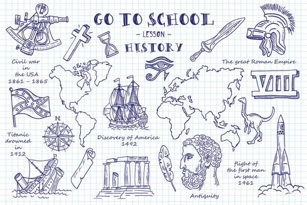 Vector illustration design of Hand sketches on the theme of History on Note book page paper.