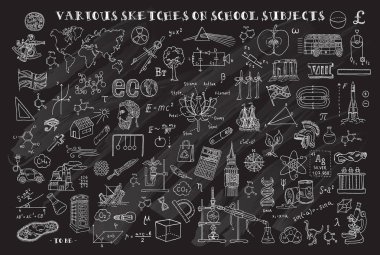 Derslerde çeşitli skeçler. Matematik ve geometri temasını el skeçler. Kara tahta. Vektör çizim. Küme doodle.
