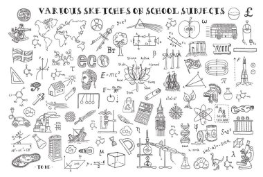 Derslerde çeşitli skeçler. Matematik ve geometri temasını el skeçler. Vektör çizim. Küme doodle.