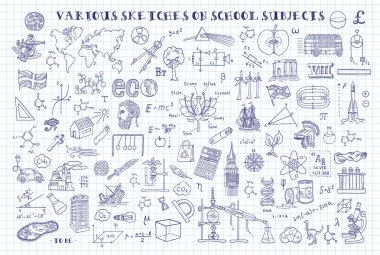 Derslerde çeşitli skeçler. Matematik ve geometri temasını el skeçler. Kitap sayfa kağıt unutmayın. Vektör çizim. Küme doodle.
