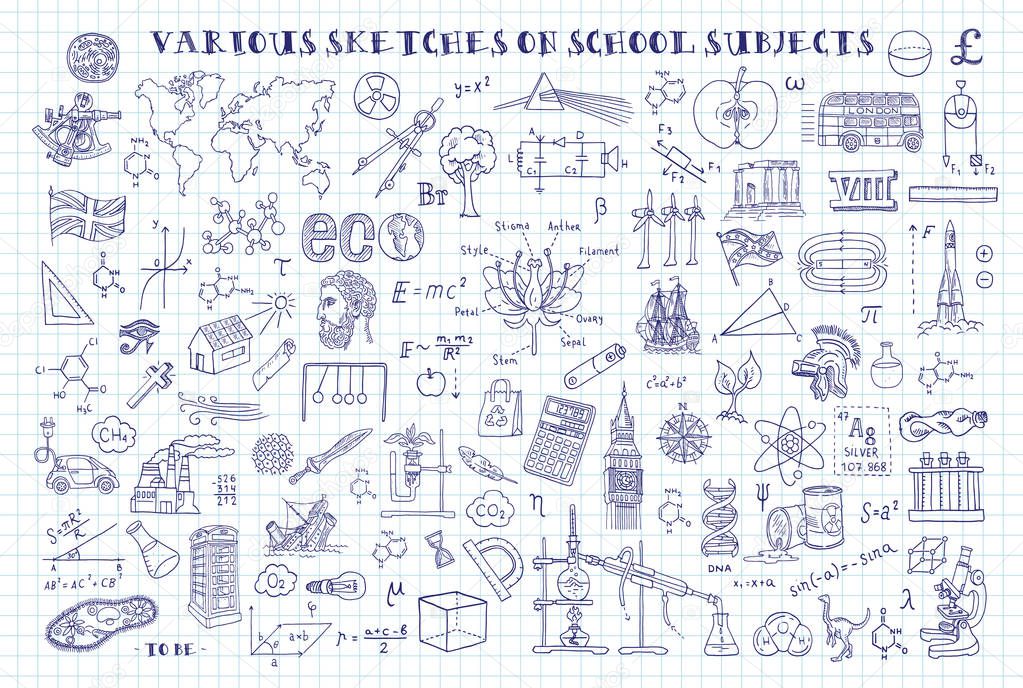Various sketches on school subjects. Hand sketches on the theme of Maths and geometry.   Note book page paper. Vector illustration. Doodle set.