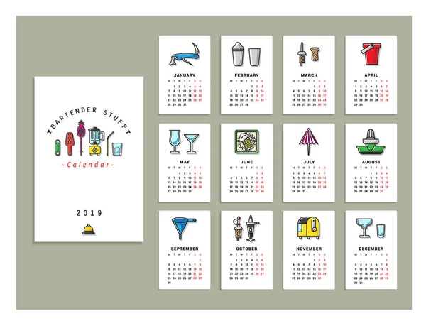 Barman Cosas Calendario 2019 Colorido Vector Ilustración — Vector de stock