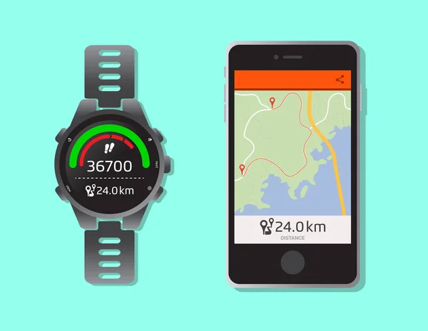 Smartwatch Mit Smartphone Verbindung Und Registrierung Der Route Joggen Park — Stockvektor