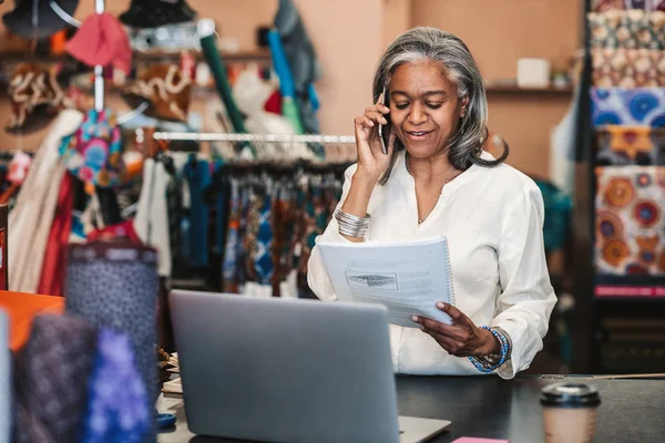 Smiling Mature Fabric Shop Owner Standing Counter Surrounded Colorful Cloths — Stock Photo, Image