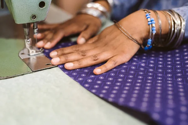 Closeup Seamstress Sitting Sewing Machine Stitching Piece Colorful Fabric While — Stock Photo, Image