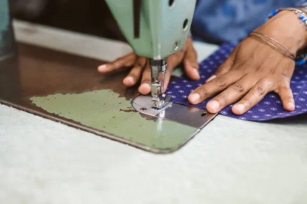 Closeup Seamstress Using Sewing Machine Stitch Piece Colorful Fabric While — Stock Photo, Image