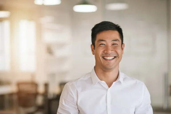 Gut Gekleideter Junger Asiatischer Geschäftsmann Lächelt Während Allein Einem Hellen — Stockfoto