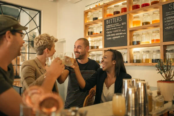 Smiling Group Diverse Young Friends Laughing Toasting Drinks While Hanging — Stock Photo, Image