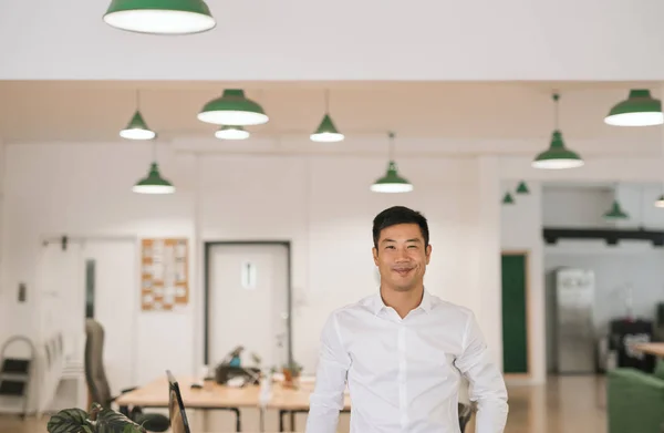 Successfull Young Asian Businessman Smiling Confidently While Standing Alone Desks — Stock Photo, Image