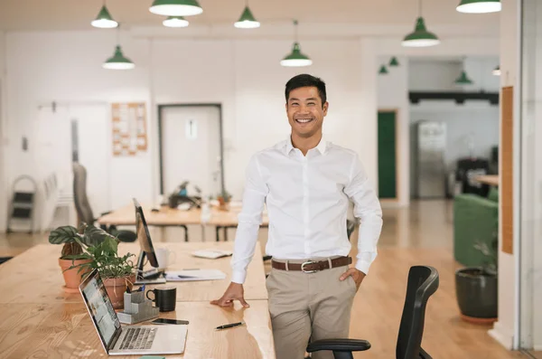 大規模な近代的なオフィスに彼の机で一人で立ってニコニコと自信を持って成功した若いアジア系のビジネスマン — ストック写真