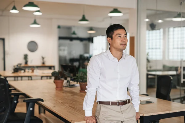 大規模な近代的なオフィスのテーブルにもたれながら仕事について考える笑顔の若いアジア系のビジネスマン — ストック写真