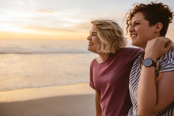 微笑的年轻女同志情侣站立胳膊在一起在沙滩上看日落海洋 — 图库照片