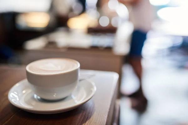 Closeup Cup Cappuccino Heart Shape Foam Sitting Wooden Cafe Counter — Stock Photo, Image