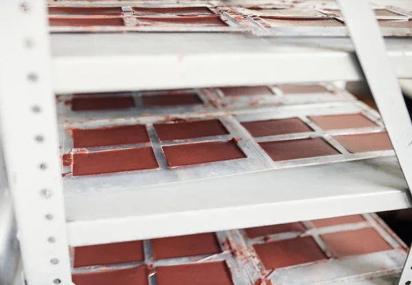 Primer Plano Enfriamiento Chocolate Moldes Plástico Estantes Dentro Una Fábrica —  Fotos de Stock