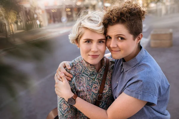 Portrait Affectionate Young Lesbian Couple Hugging Each Other While Standing — Stock Photo, Image