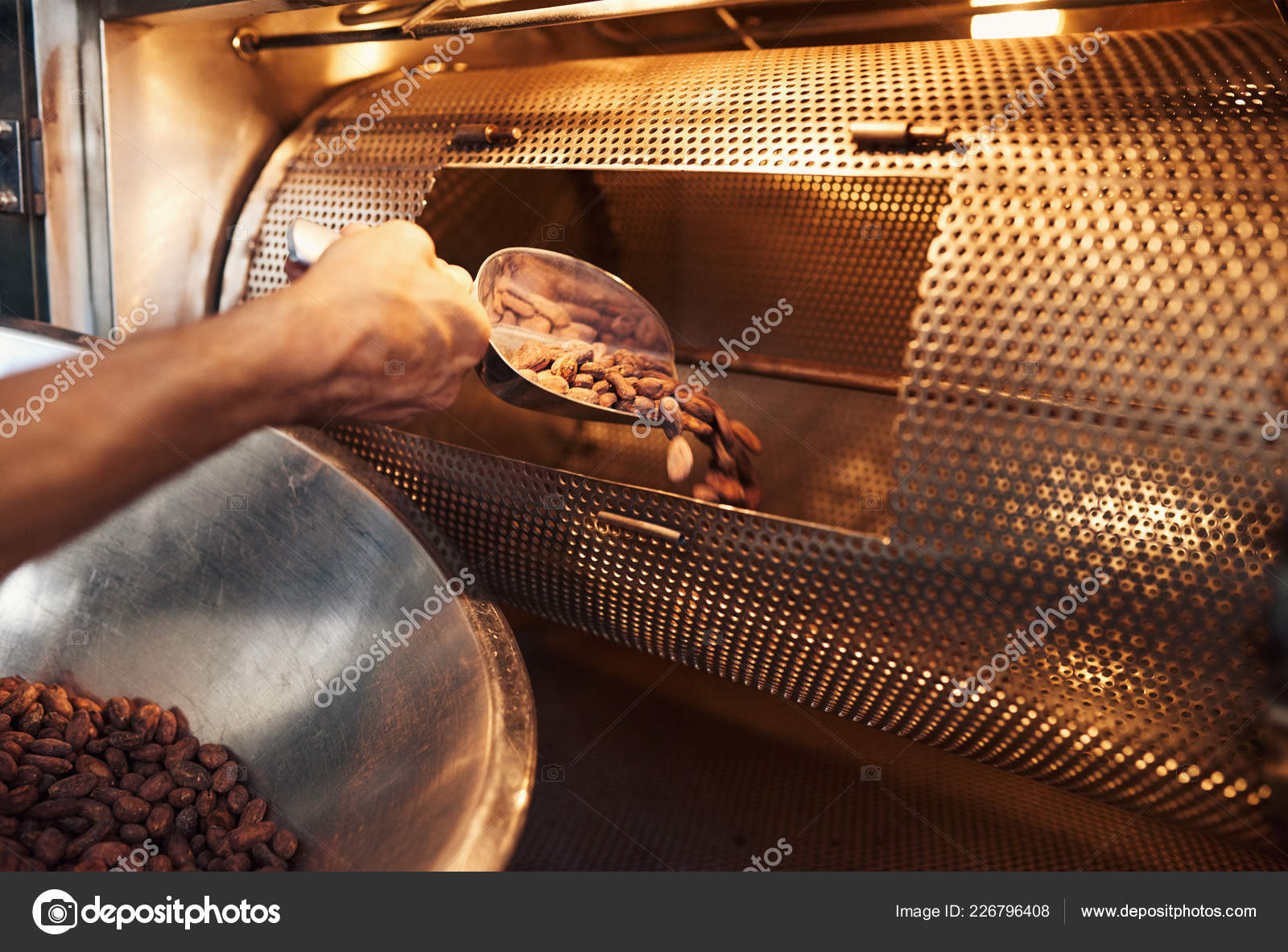 Closeup Worker Artisanal Chocolate Making Factory Scooping Cocoa