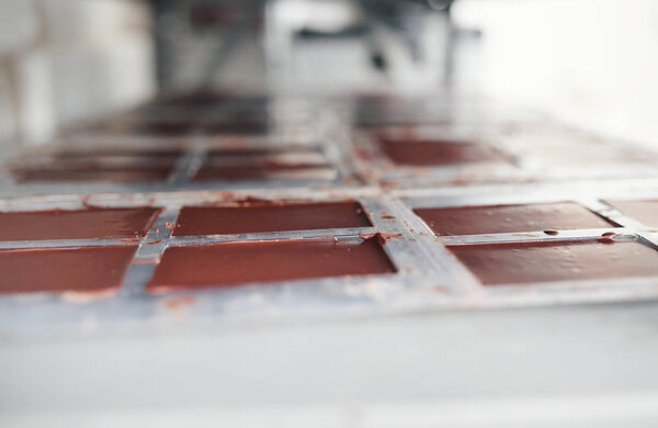 Closeup of chocolate cooling in plastic molds on a shelf inside of an artisanal chocolate making factory