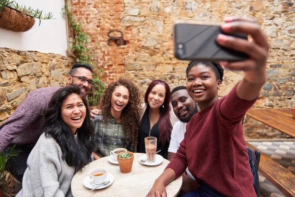 Diverse Group Smiling Young Friends Taking Selfie Together While Sitting — Stock Photo, Image