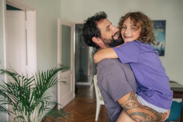 Cute Young Boy Being Held His Smiling Father Arms While — Stock Photo, Image