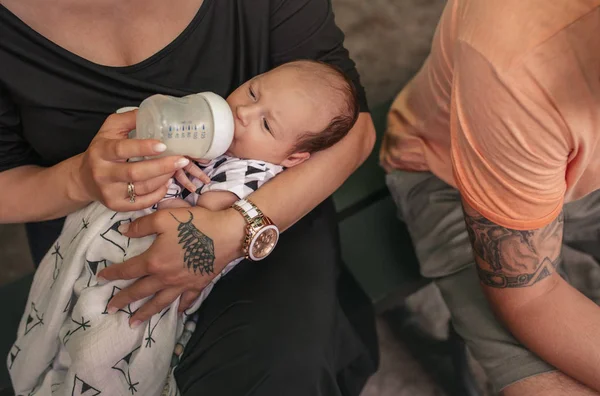 Closeup Mother Feeding Her Adorable Baby Boy Formula Bottle While — Stock Photo, Image