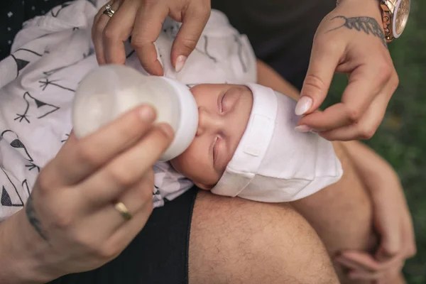 Closeup Mother Father Feeding Adorable Baby Boy Formula Bottle While — Stock Photo, Image