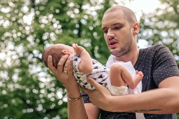 Close Content Young Father Cradling His Adorable Baby Boy His — Stock Photo, Image