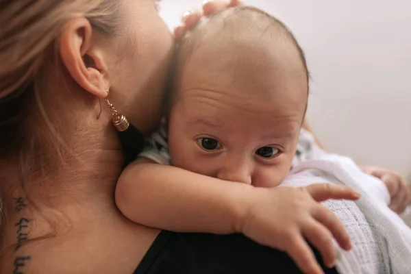 Closeup Adorable Baby Boy Big Eyes Being Cradled His Loving — Stock Photo, Image