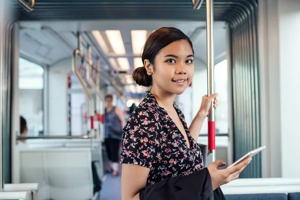Portrait Young Asian Student Using Her Cellphone While Riding Train — Stock Photo, Image
