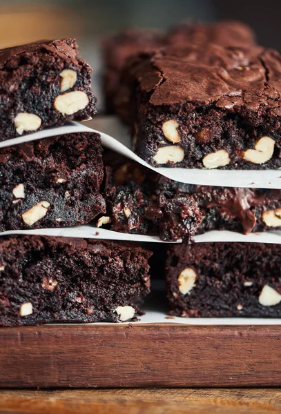 Closeup Stack Delicious Looking Freshly Made Chocolate Brownies Nuts Sitting — Stock Photo, Image