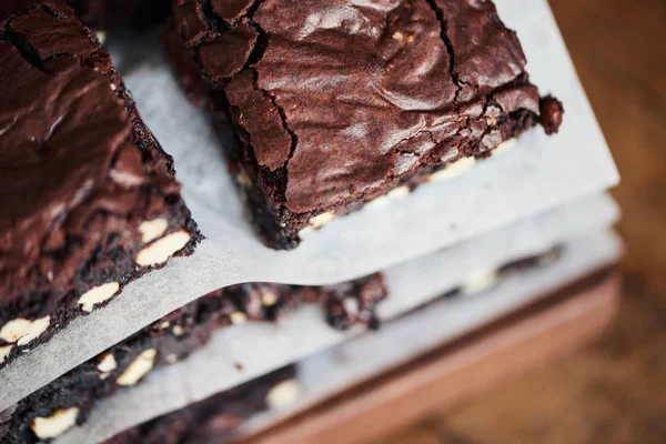 High Angle Delicious Looking Freshly Made Chocolate Brownies Nuts Sitting — Stock Photo, Image