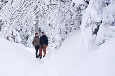 Dişli birlikte kışın bir orman içinde karlı bir iz üzerinde duran hiking içinde gülümseyen genç bir çift portresi