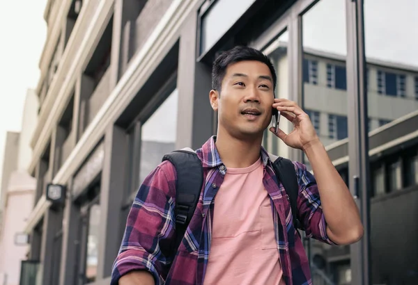 Close Young Asian Man Plaid Shirt Walking City Sidewalk Talking — Stock Photo, Image