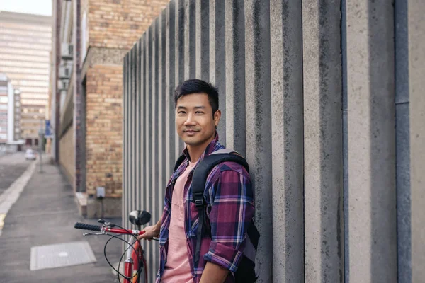 Portrait Smiling Young Asian Man Plaid Shirt Leaning Wall City — Stock Photo, Image